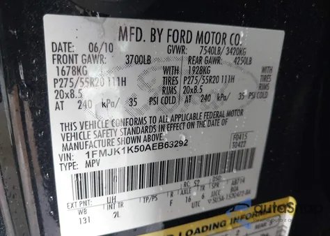 2010 Ford Expedition El Limited z USA, uszkodzony, nr VIN 1FMJK1K50AEB63292